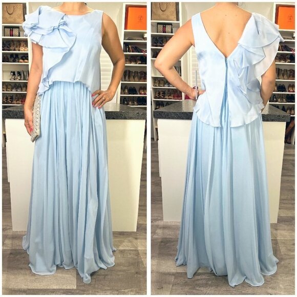NWT Badgley Mischka Georgette Blue Silk Formal Gown $795 - Picture 1 of 9